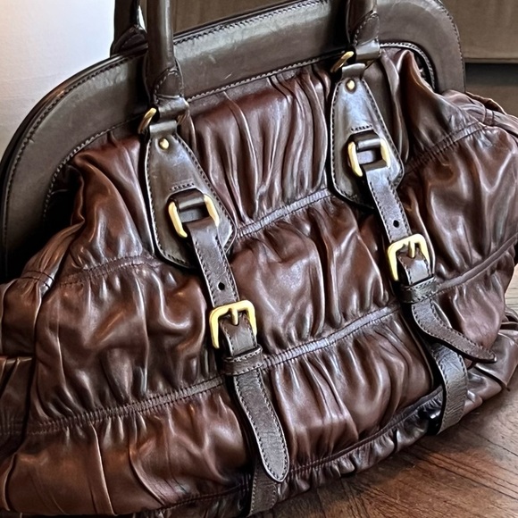 PRADA Nappa Gaufre Ruched Frame Large Bag Brown Soft Leather Tote Purse - Picture 2 of 16